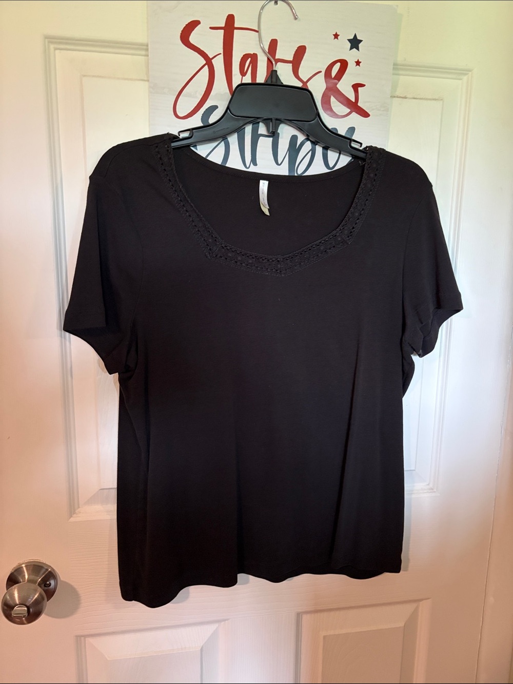 White Stag Black Scoop Neck Short Sleeve Top with Crochet Trim
